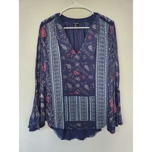 Lucky Brand Embroidered Mixed Print Bell Sleeve Blouse Womens Small